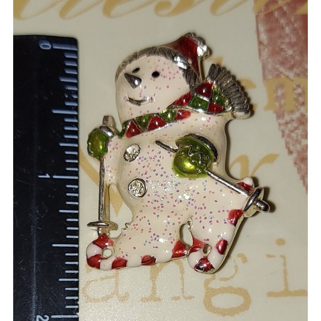 Christopher Radko Glitter White Snowman Enamel Ski & Ski Poles Brooch